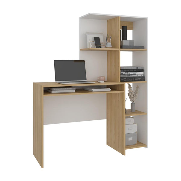 Escritorio Biblioteca Alister, Blanco Duqueza y Fresno Europeo, con multiples entrepaños y superficies para ubicar objetos