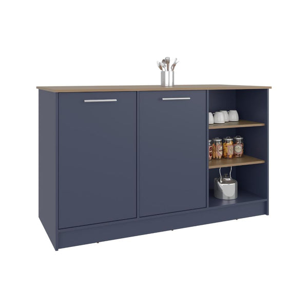 Barra de Cocina Lugano, Azul y Fresno Kronos, con Dos Puertas Abatibles